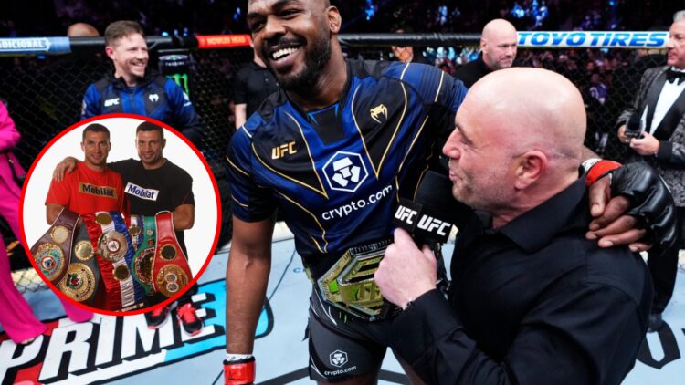 Main: Jon Jones speaks to Joe Rogan inside the cage after his title win over Ciryl Gane at UFC 285. Inset: Vitaly and Wladimir Klitschko pose with ...