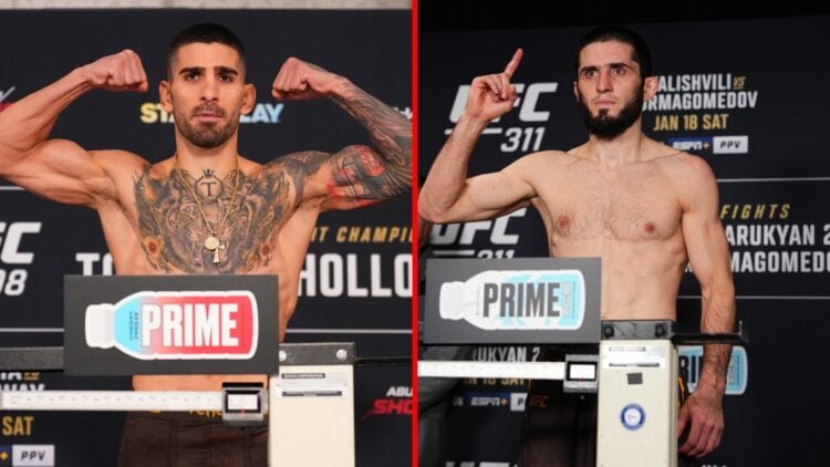 Split image of UFC's Ilia Topuria and Islam Makhachev on the weight scale.