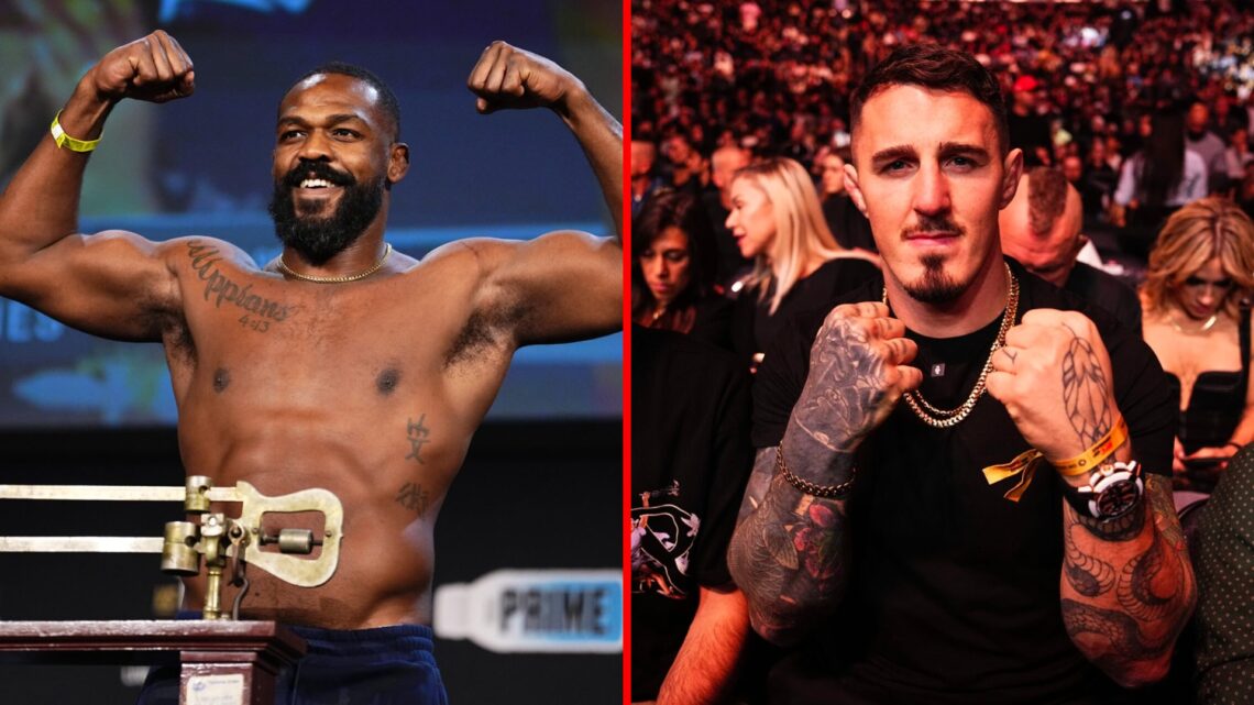 Split image of Jon Jones and Tom Aspinall at UFC event