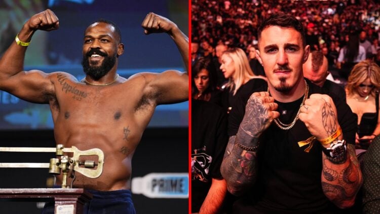 Split image of Jon Jones and Tom Aspinall at UFC event