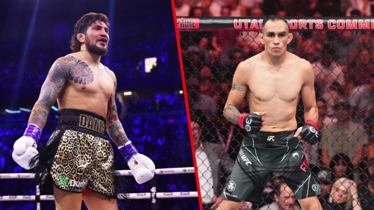 Dillon Danis during a boxing match (left) and Tony Ferguson before a UFC fight (right)