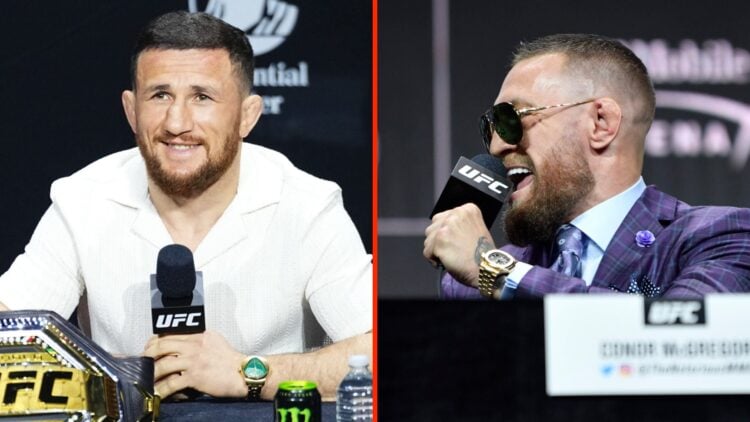 Merab Dvalishvili at the UFC 316 press conference split with Conor McGregor at the UFC 264 press conference