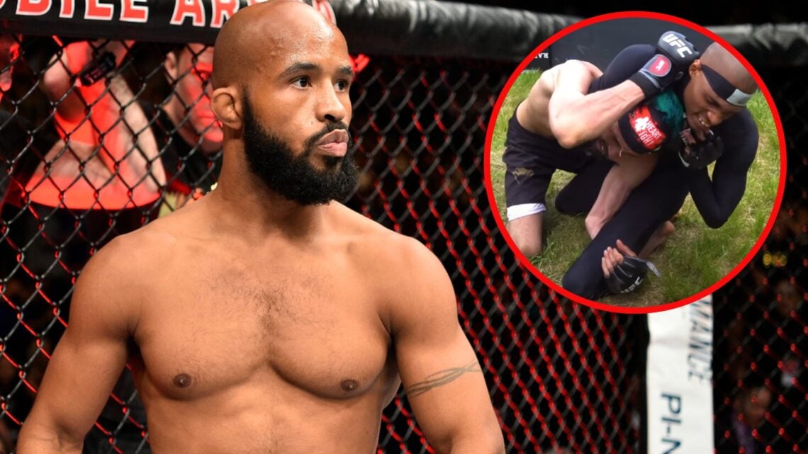 Demetrious Johnson moments before his UFC 216 fight with Ray Borg with an inset of 'Death Sentence' choking 'Illuminate The State'