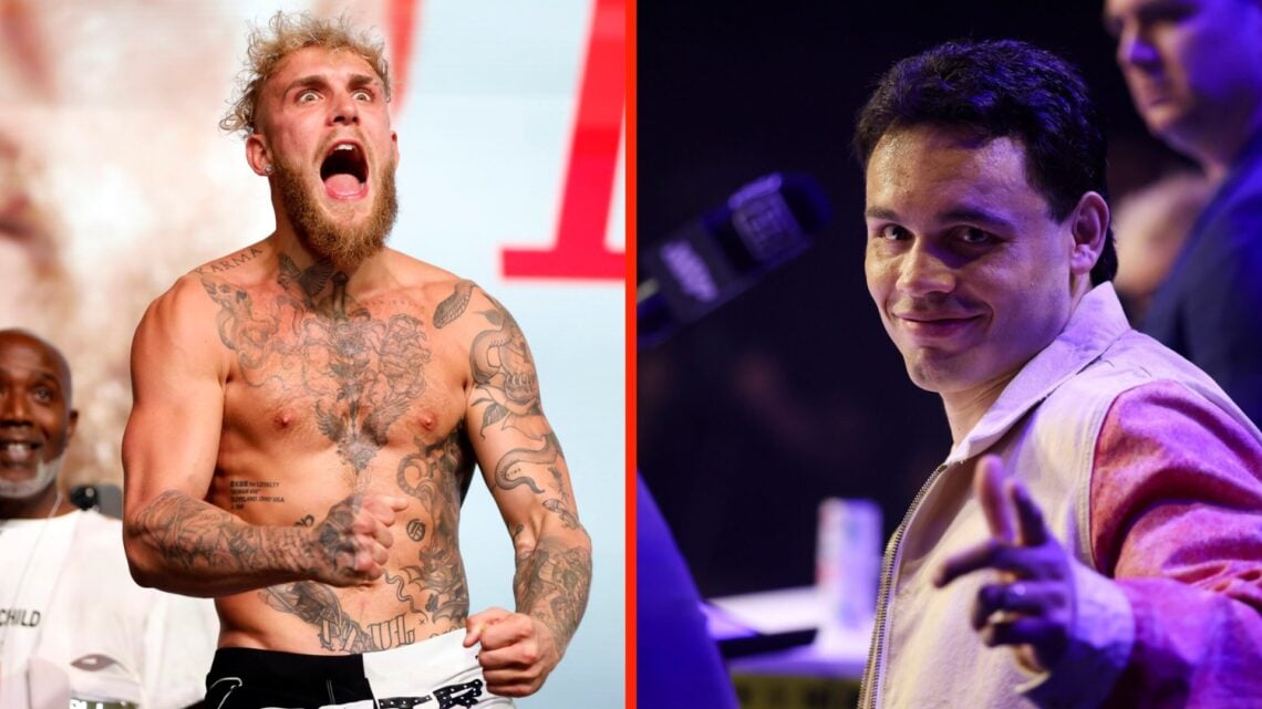 Jake Paul flexes at the weigh in before his fight with Mike Tyson and Julio Cesar Chavez points at the camera