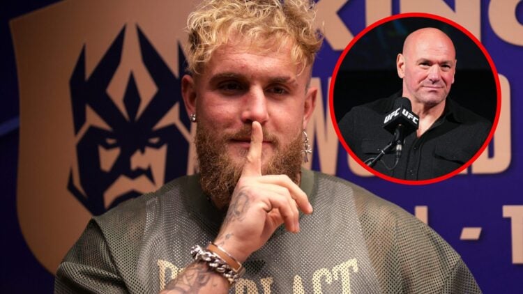 Jake Paul shushes the crowd at the Kings League world cup, inset Dana White on stage at the UFC 297 press conference