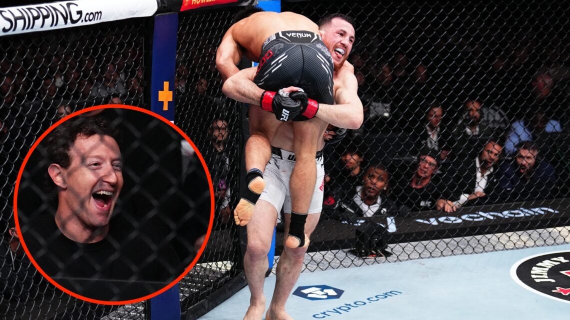 Merab Dvalishvili carries Henry Cejudo during their UFC 298 fight with an inset of Mark Zuckerberg watching on at UFC 298