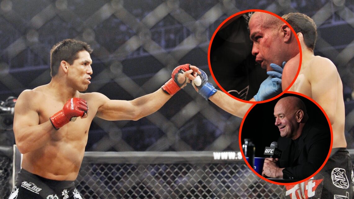 Frank Shamrock clashes with Nick Diaz during Strikeforce fight with insets of Tito Ortiz in the corner during his UFC fight against Forrest Griffin...