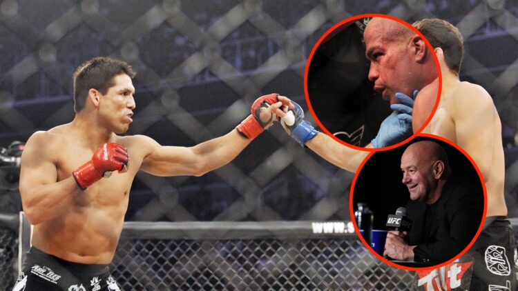 Frank Shamrock clashes with Nick Diaz during Strikeforce fight with insets of Tito Ortiz in the corner during his UFC fight against Forrest Griffin...