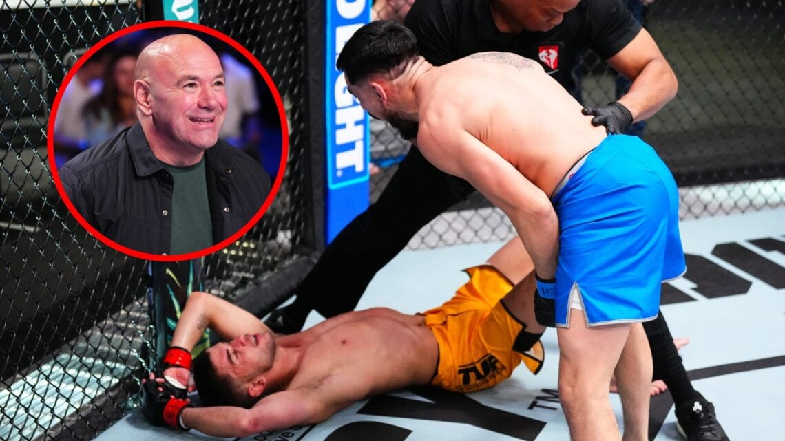 Joseph Morales celebrates beating Eduardo Henrique on TUF 31, with an inset of Dana White reacting to a Contender Series fight