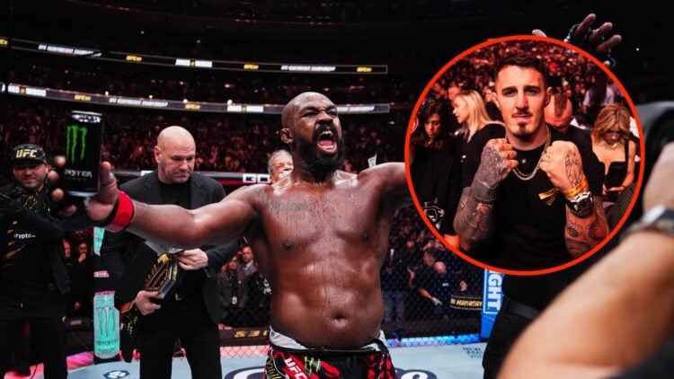 Jon Jones celebrates his UFC 309 win over Stipe Miocic with an inset of Tom Aspinall in attendance at UFC 309