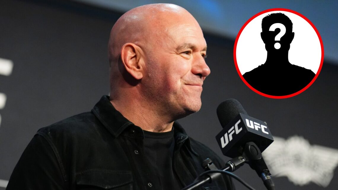 Image of Dana Whtie at the UFC 290 press conference, with an mystery image pop out inset