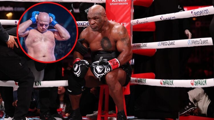 Main photo shows Mike Tyson in the corner during his fight with Jake Paul (not pictured). Bubble photo shows Fedor Emelianenko before his final fight