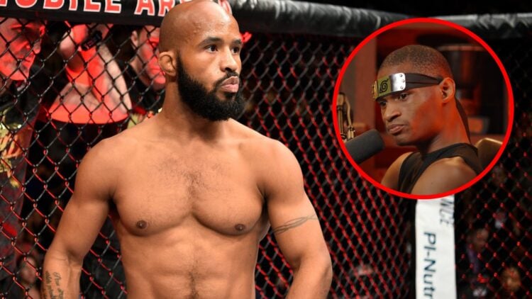 Demetrious Johnson moments before his UFC 216 fight with Ray Borg with an inset of 'Death Sentence' speaking on the 'MIGHTYcast'