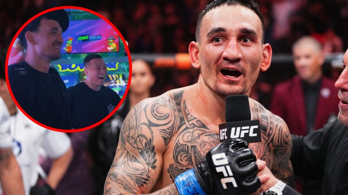 Max Holloway speaks after his UFC 300 win over Justin Gaethje with an inset of Holloway and Chan Sung Jung (The Korean Zombie) laughing together