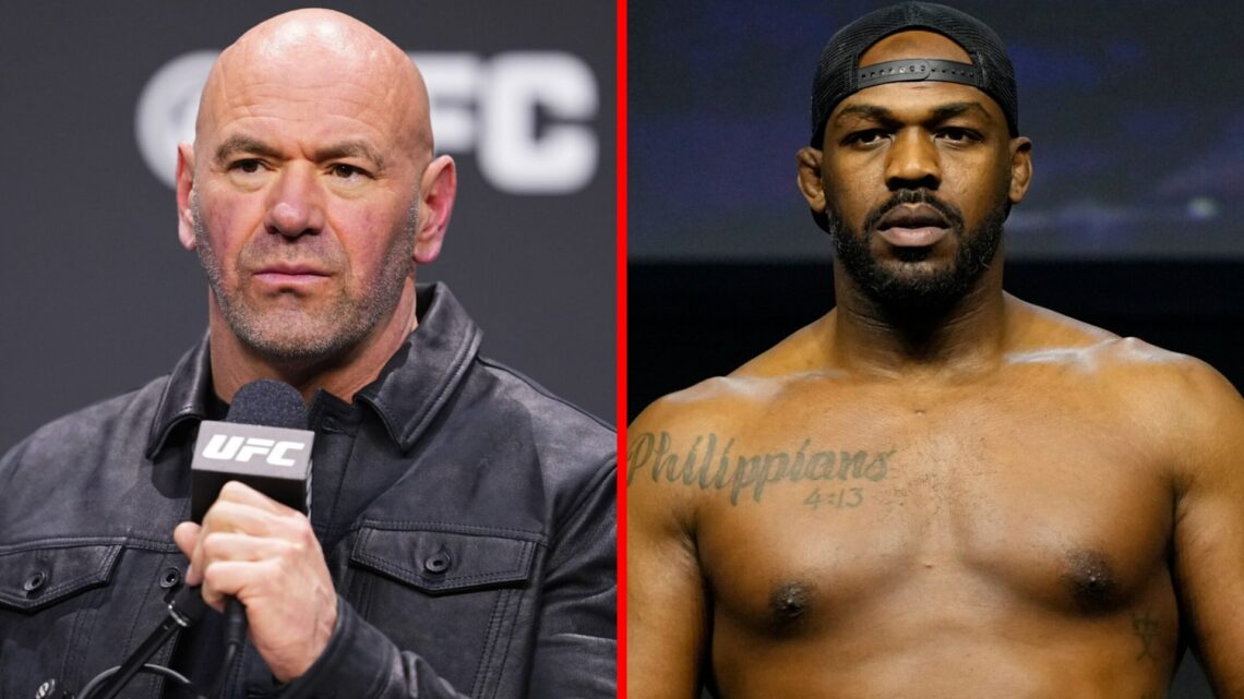 Split image of Dana White at a UFC press conference and Jon Jones weighing in for UFC 285