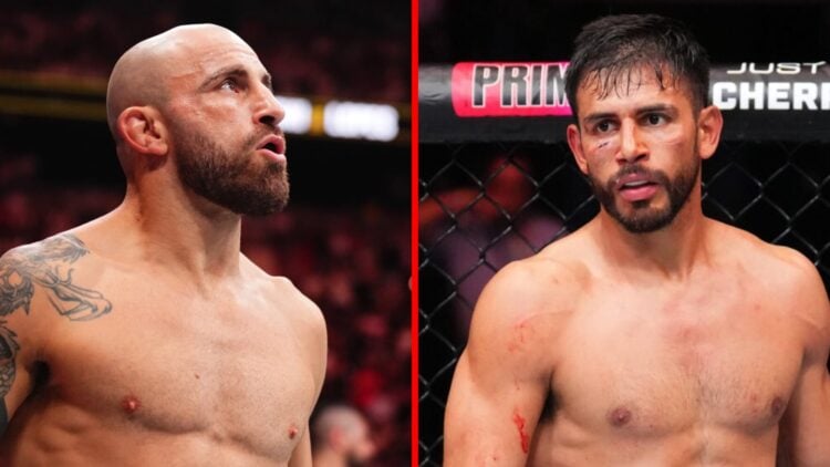 Alexander Volkanovski prepares to face Diego Lopes at UFC 314 with Yair Rodriguez between rounds in his fight with Brian Ortega