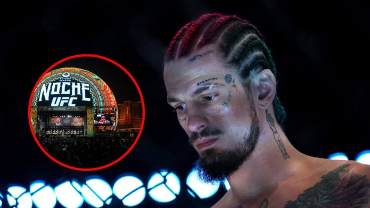 Main: Sean O'Malley in the cage ahead of his title fight against Merab Dvalishvili at UFC 306 inside the Sphere. Inset: Main: Sean O'Malley in the ...