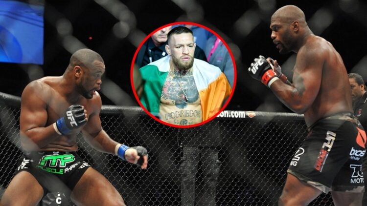 Main: Rashad Evans and 'Rampage' Jackson during their UFC 114 main event. Inset: Conor McGregor walks to the cage for his UFC 264 main event agains...