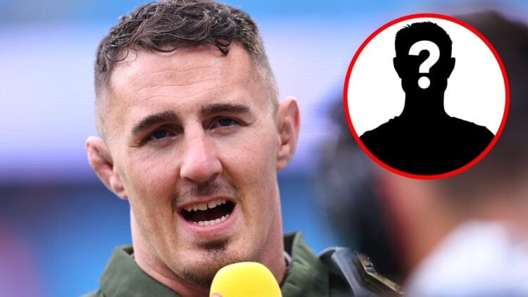 Image of Tom Aspinall speaking at the Premier League match between Manchester City FC and Arsenal FC with an inset of a mystery icon
