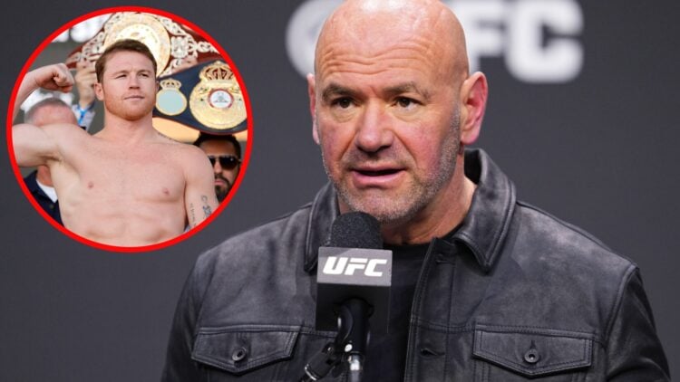 Dana White on stage at the UFC 2024 seasonal press conference with an inset of Canelo Alvarez posing on the scales ahead of his fight with Edgar Be...