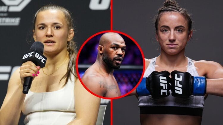 Erin Blanchfield on stage during a Q&A session with Maycee Barber posing after her UFC 299 win, inset Jon Jones enters the Octagon at UFC 285