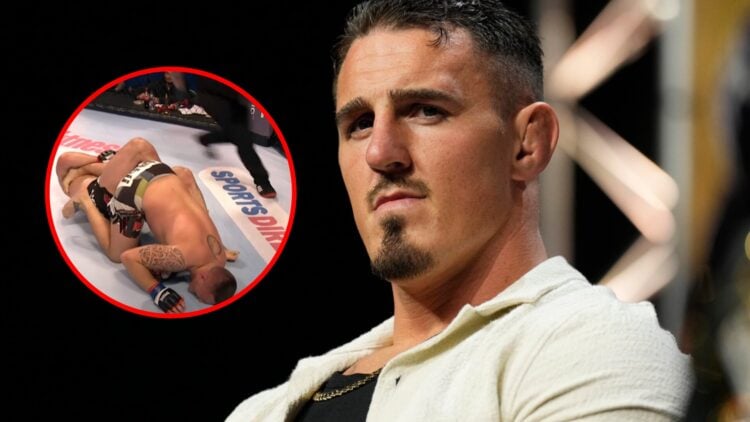 Main: Tom Aspinall on stage at the UFC 304 press conference. Inset: Tom Aspinall taps out to a heel hook against Stuart Austin at BAMMA 21.