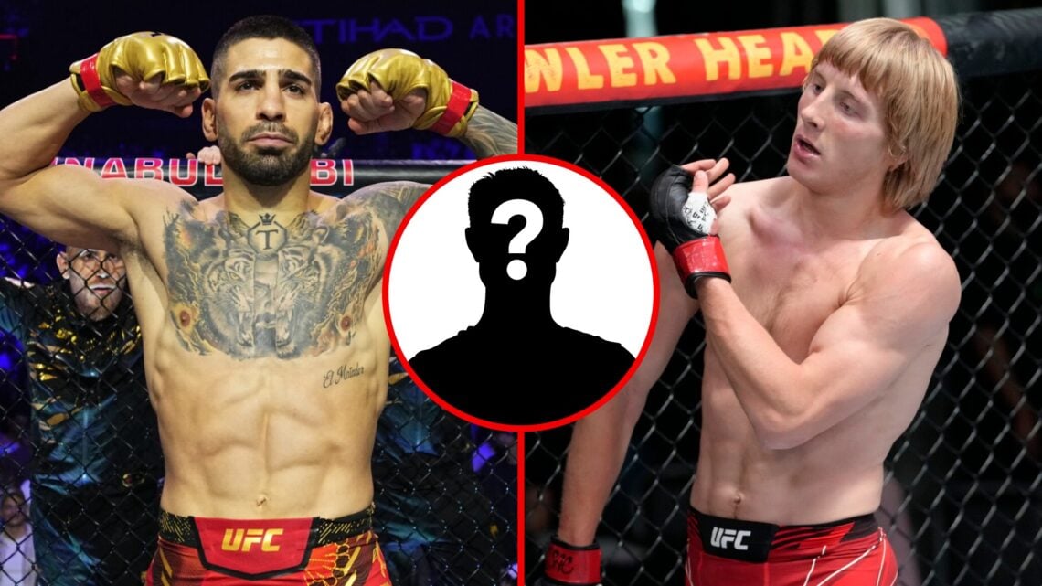 Left: Ilia Topuria inside the cage ahead of his title fight against Max Holloway at UFC 308. Right: Paddy Pimblett celebrates after knocking out Lu...
