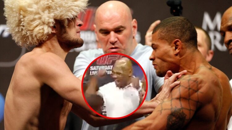 Main: Khabib Nurmagomedov pushes Abel Trujillo during their faceoff at the UFC 160 ceremonial weigh-ins. Inset: Mike Tyson reacts to Khabib Nurmago...
