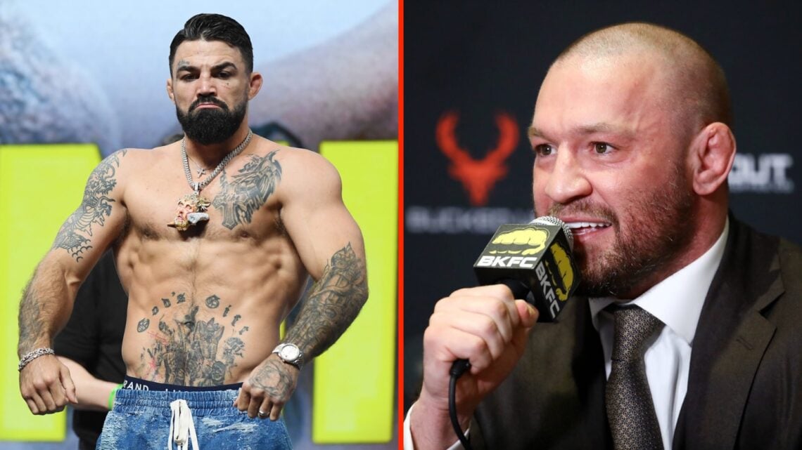 Mike Perry at the Jake Paul vs Mike Perry weigh-ins split with Conor McGregor talking to the media at BKFC event