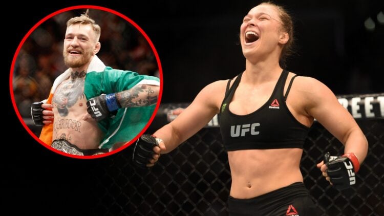 Image of Ronda Rousey celebrating her win over Cat Zingano, inset Conor McGregor poses with his world title after beating Jose Aldo