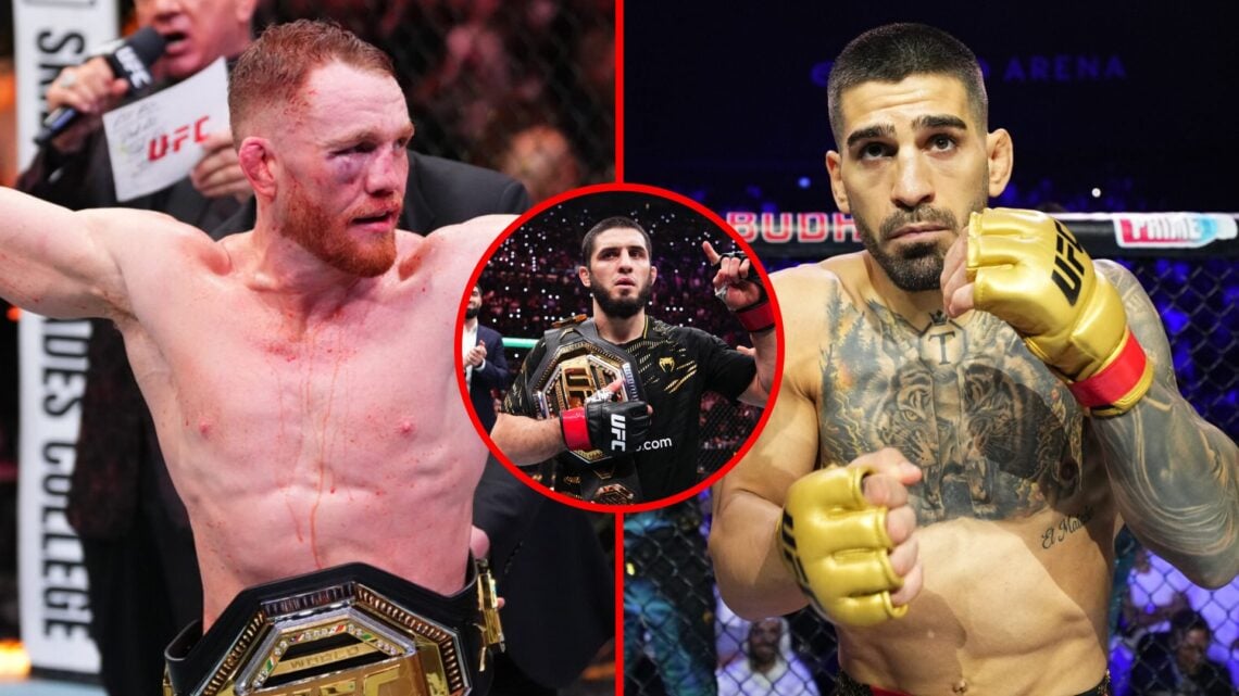 Left: Jack Della Maddalena celebrates his UFC 315 win. Right: Ilia Topuria ahead of his UFC 308 title fight. Inset: Islam Makhachev celebrates his ...