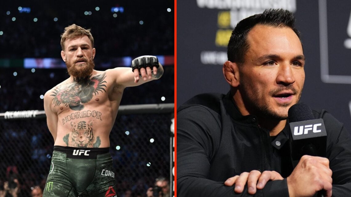 Conor McGregor walks into the cage for his UFC 229 clash against Khabib Nurmagomedov split with Michael Chandler at the UFC 314 press conference