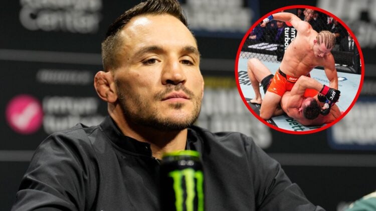 Image of Michael Chandler on stage at the UFC 314 press conference with an inset of Paddy Pimblett punching Chandler at UFC 314