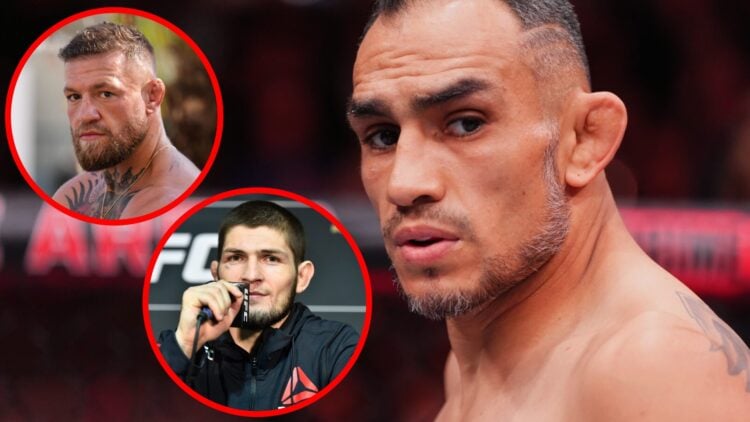 Tony Ferguson prepares to face Paddy Pimblett at UFC 296, insets Conor McGregor looks on during Cannes film festival and Khabib Nurmagomedov speaks...