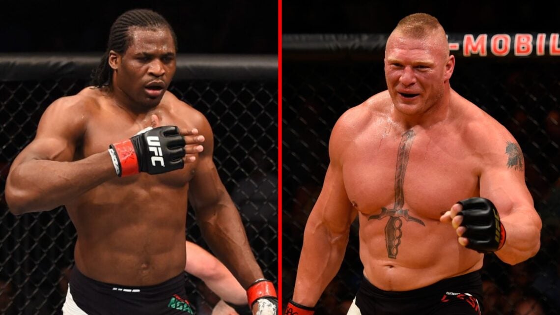 Left: Francis Ngannou celebrates after knocking out Luis Henrique at UFC Orlando. Right: Brock Lesnar during his fight against Mark Hunt at UFC 200.