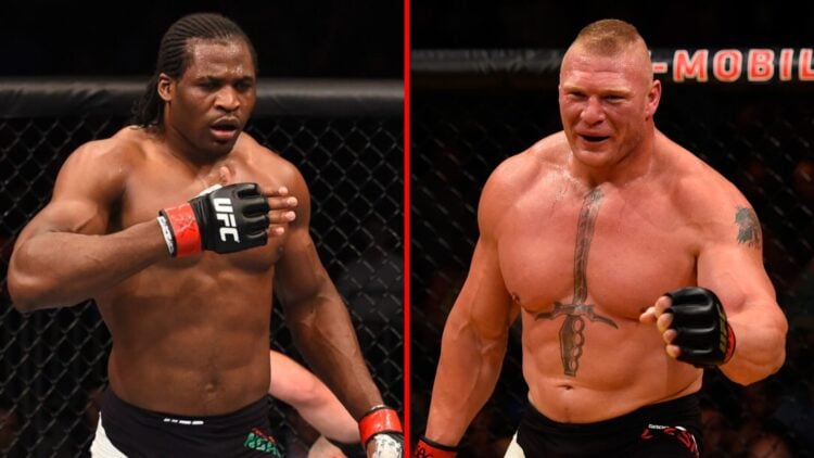 Left: Francis Ngannou celebrates after knocking out Luis Henrique at UFC Orlando. Right: Brock Lesnar during his fight against Mark Hunt at UFC 200.
