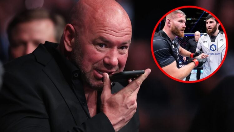 Dana White speaks on the phone during UFC 274 with an inset of Jan Blachowicz and Magomed Ankalaev speaking after their UFC 282 fight