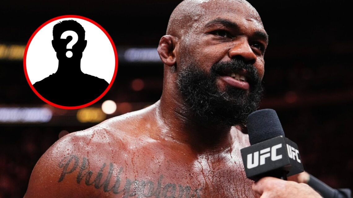 Image of Jon Jones speaking after his win at UFC 309, inset mystery pop out