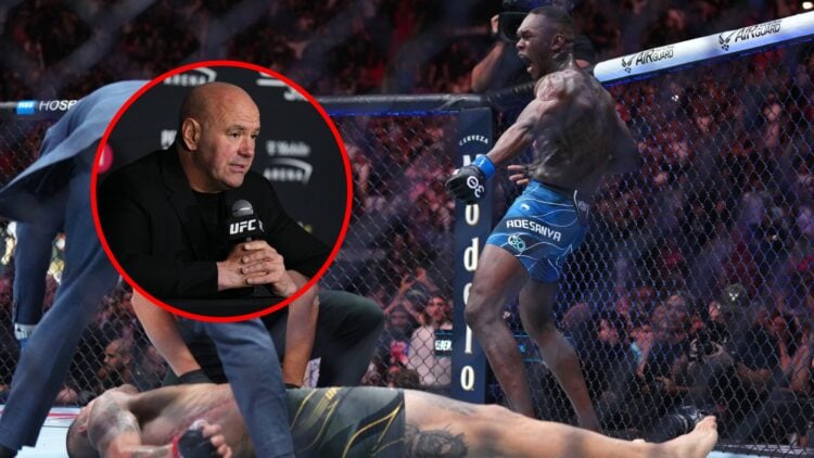 Main: Israel Adesanya celebrates after knocking out Alex Pereira at UFC 287. Inset: Dana White speaks at the UFC 313 post-fight press conference.