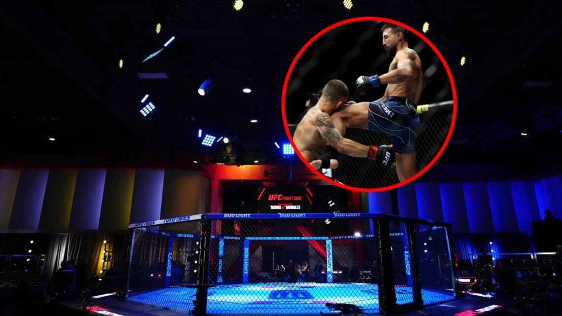 Main: The UFC Apex during the UFC Vegas 106 event in May 2025. Inset: Chris Gutierrez knocks out Frankie Edgar with a knee at UFC 281 in November 2...