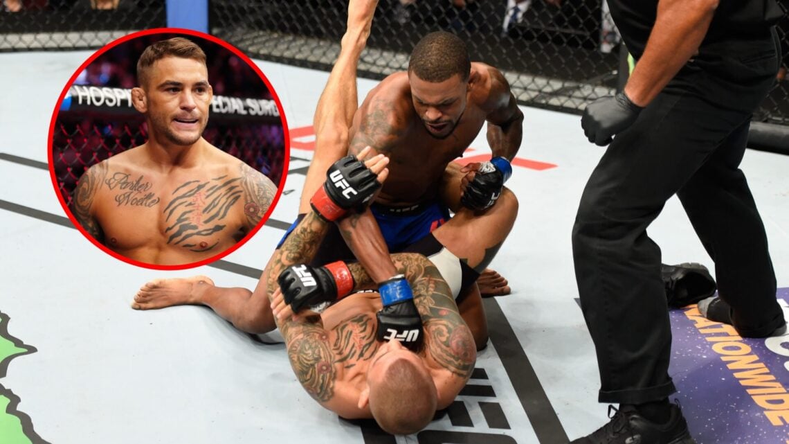 Main: Michael Johnson punches Dustin Poirier during their main event at UFC Hidalgo in 2016. Inset: Dustin Poirier in the cage ahead of his fight w...