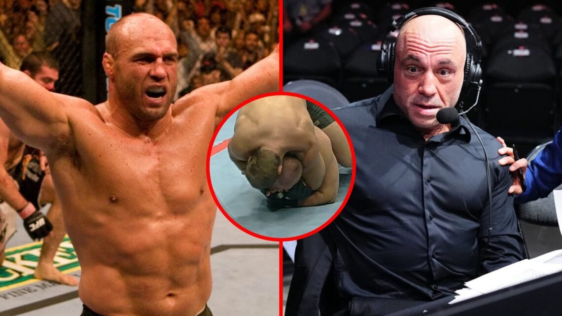 Left: Randy Couture celebrates his win over Gabriel Gonzaga at UFC 74. Right: Joe Rogan commentates at UFC 303. Inset: Randy Couture submits Tony H...
