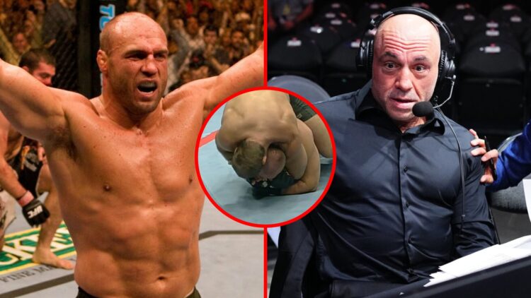 Left: Randy Couture celebrates his win over Gabriel Gonzaga at UFC 74. Right: Joe Rogan commentates at UFC 303. Inset: Randy Couture submits Tony H...