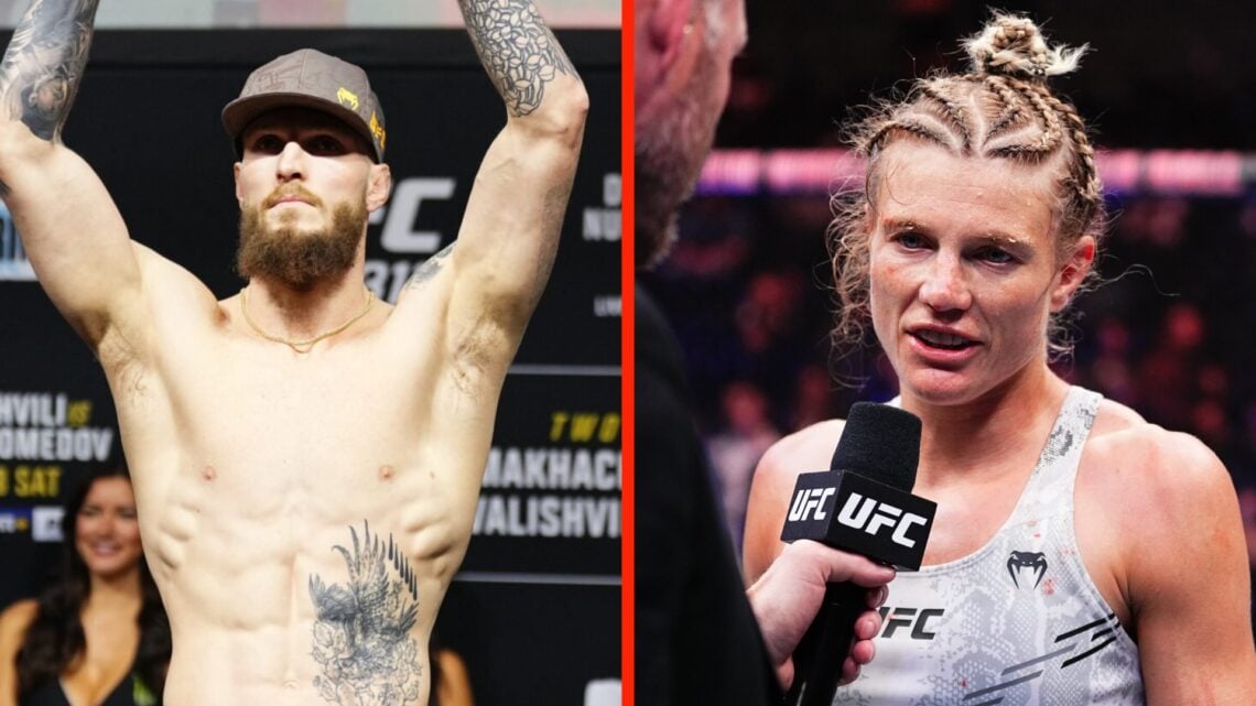 Zachary Reese poses at the UFC Weigh in and Erin Blanchfield talks to the crowd after her main event win
