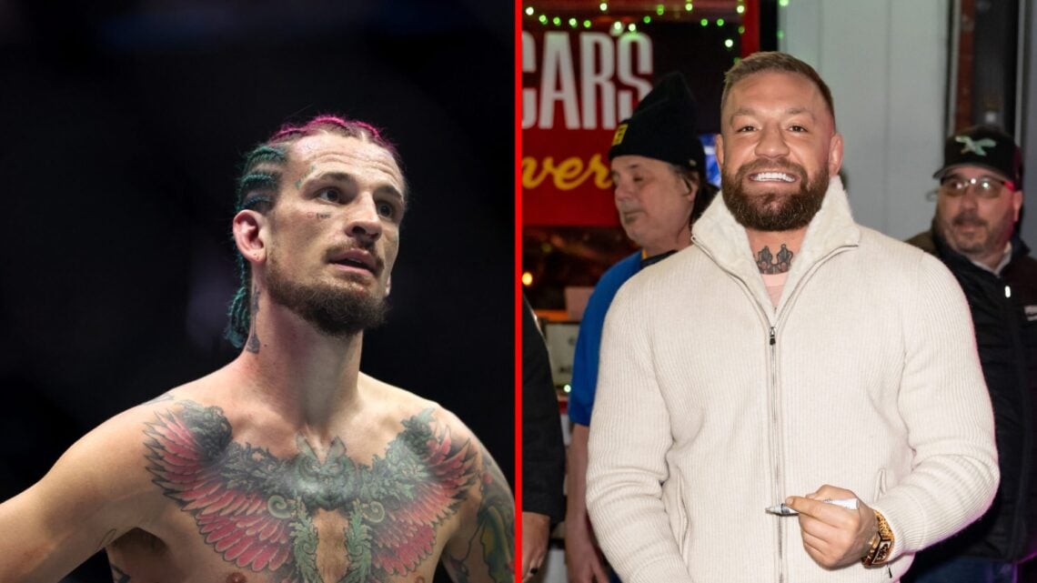 Split image of Sean O'Malley at UFC 306 and Conor McGregor in Philadelphia