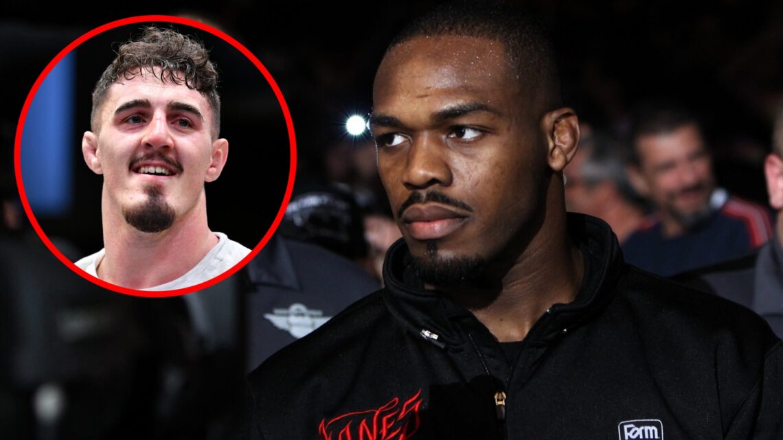 Jon Jones makes the walk for his UFC 140 fight with Lyoto Machida with an inset of Tom Aspinall reacting to his win over Andrei Arlovski