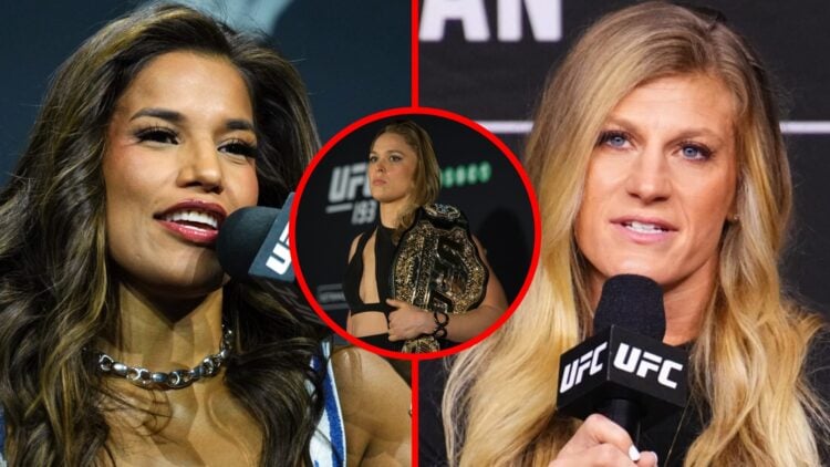 Julianna Pena on stage at the UFC 307 press conference with Kayla Harrison speaking at a Q&A ahead of UFC 299 with an inset of Ronda Rousey posing ...