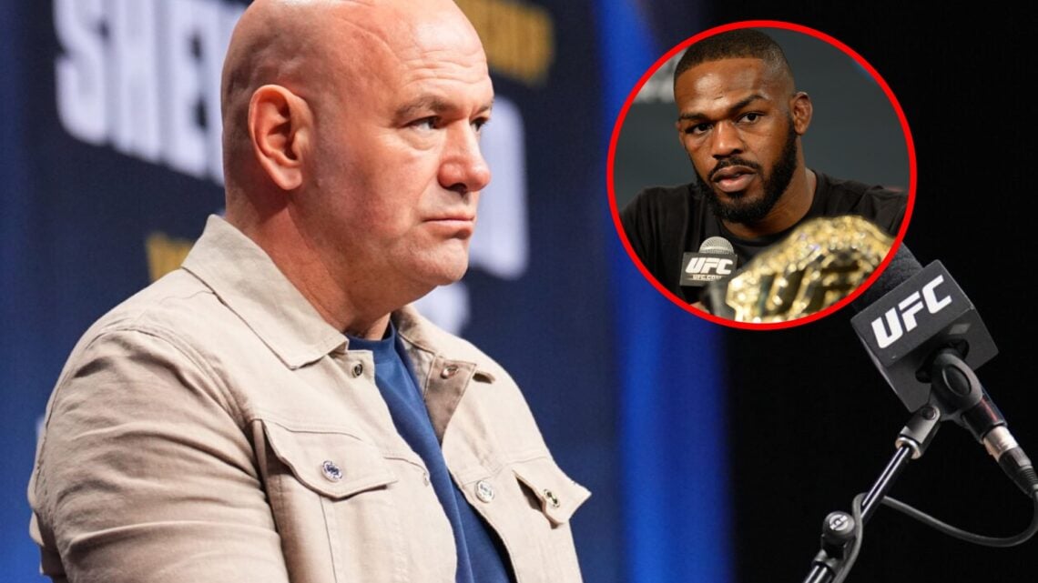 Left: Dana White on stage for the UFC 315 press conference. Inset: Jon Jones speaks at the UFC 182 press conference.