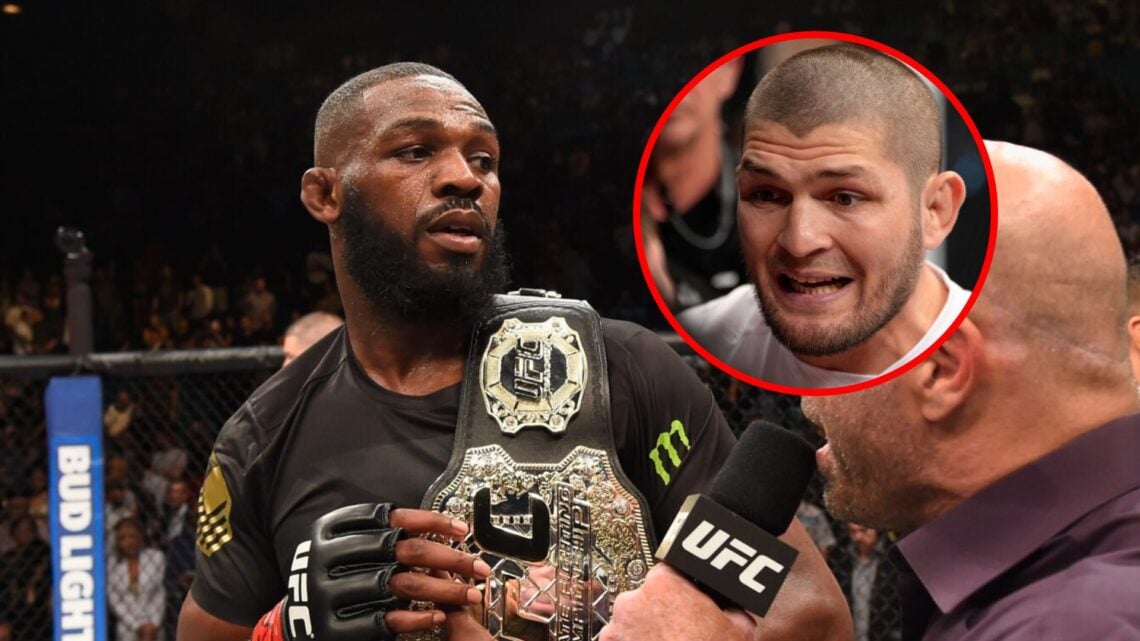 Main: Joe Rogan interviews Jon Jones after his victory over Ovince Saint Preux at UFC 197. Inset: Khabib Nurmagomedov in the corner of Tagir Ulanbe...