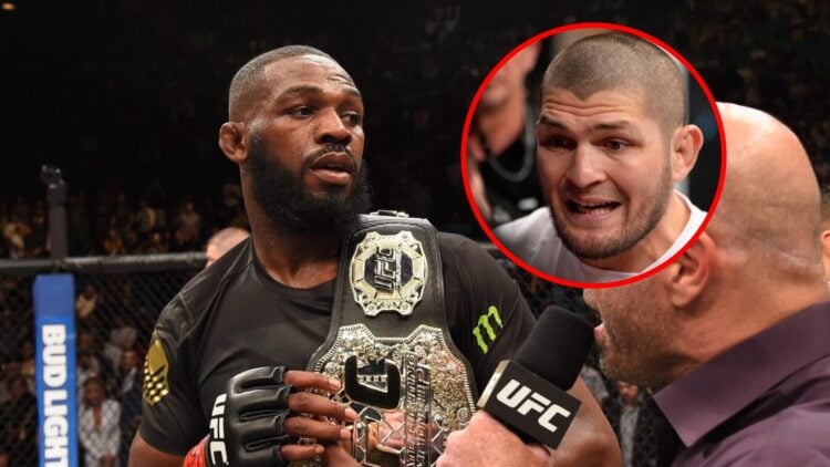 Main: Joe Rogan interviews Jon Jones after his victory over Ovince Saint Preux at UFC 197. Inset: Khabib Nurmagomedov in the corner of Tagir Ulanbe...